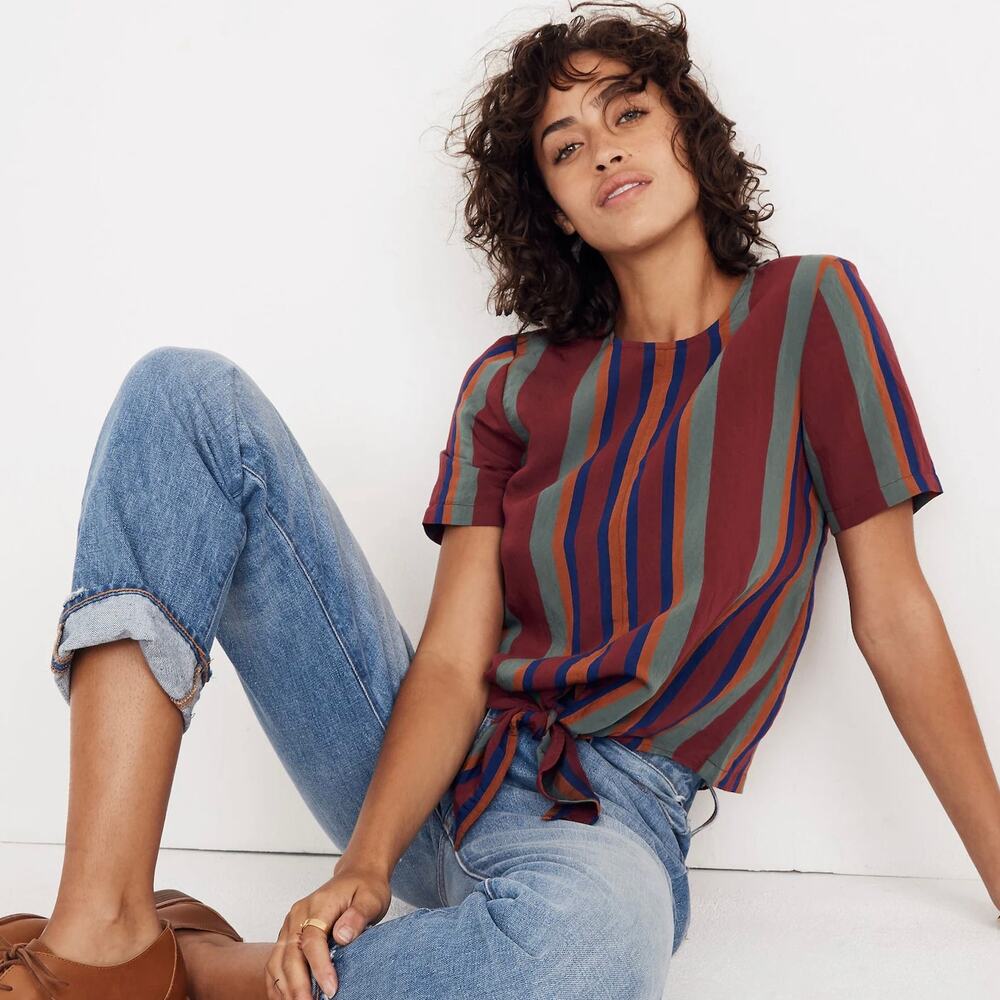 Madewell Button-Back Tie Tee Top in Rosalinda Stripe size Small